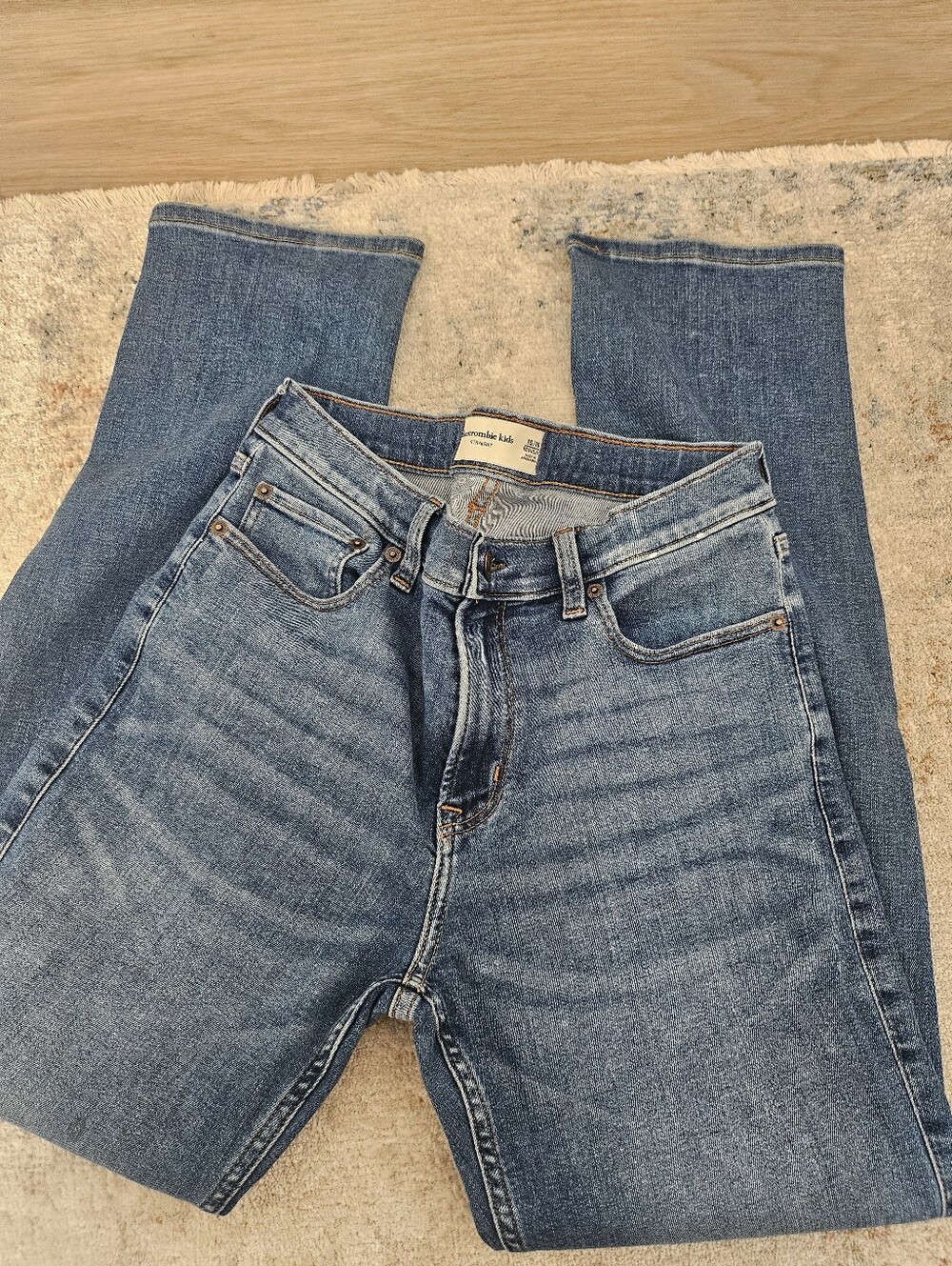 abercrombie kids light blue straight denim jeans with orange topstitch